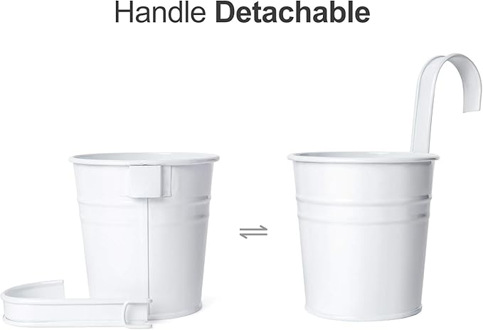 Dahey 10 Pcs Hanging Flower Pots Metal Iron Bucket Planter for Railing Fence Balcony Garden Home Decoration Flower Holders with Detachable Hooks, White, 5 inches