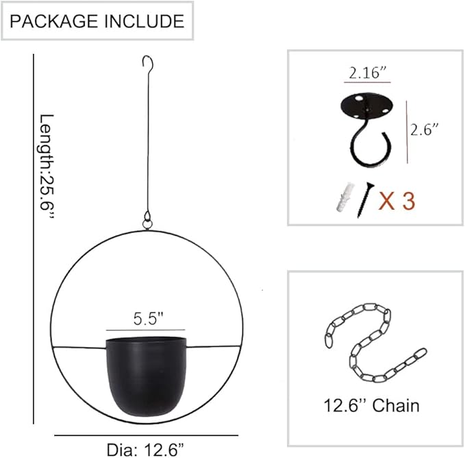 Hanging Planter for Indoor Outdoor Plants Metal Mid Century Minimalist Wall Ceiling Plant Hanger Hanging Flower Pot Basket Holder for Home Office Décor, Black