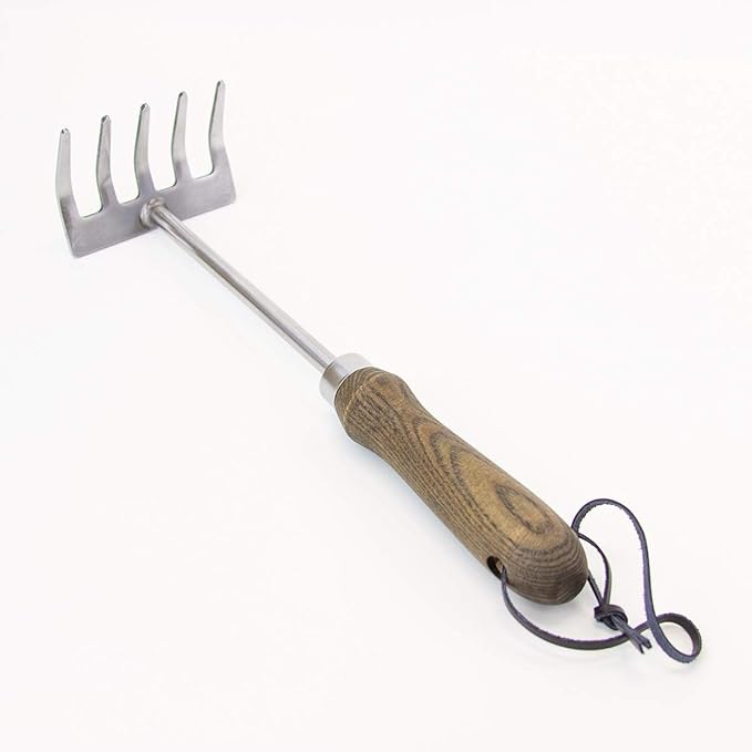 Burpee 11" Stainless Steel Cultivator | Durable Long Lasting Garden Tool | Leather Wrist Strap |, Tine Rake, Walnut