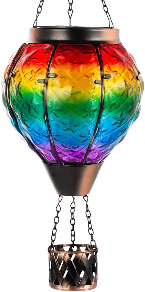 DREAMSOUL Rainbow Hot Air Balloon Solar Lantern, Metal & Glass With Flickering Flame, Hanging Waterproof Outdoor Lantern for Lawn, Patio, Tree Decor, Christmas Gifts