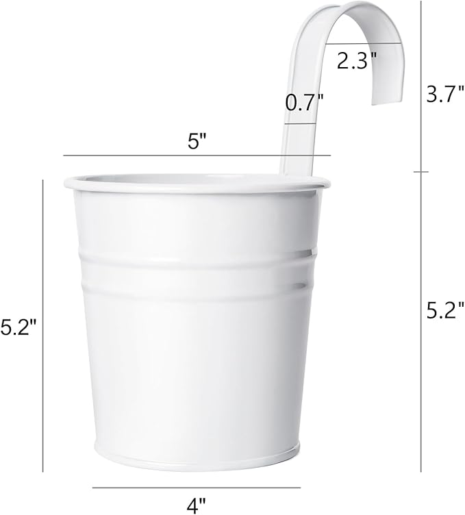 Dahey 10 Pcs Hanging Flower Pots Metal Iron Bucket Planter for Railing Fence Balcony Garden Home Decoration Flower Holders with Detachable Hooks, White, 5 inches
