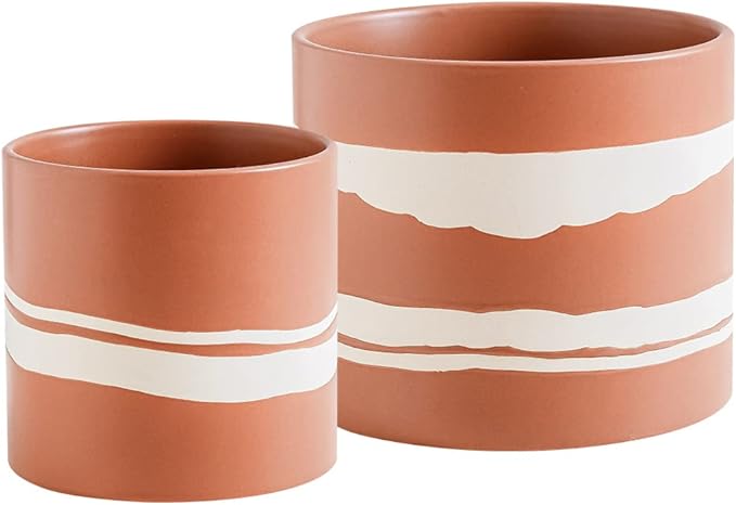 Nihow Modern Ceramic Plant Pot - 5 + 7 Inch Flower Pot for All Indoor Plants - Sturdy Planter Pots with Drainage Hole & Rubber Plugs - Semi-Matte Terracotta & Nature - Plants Not Included