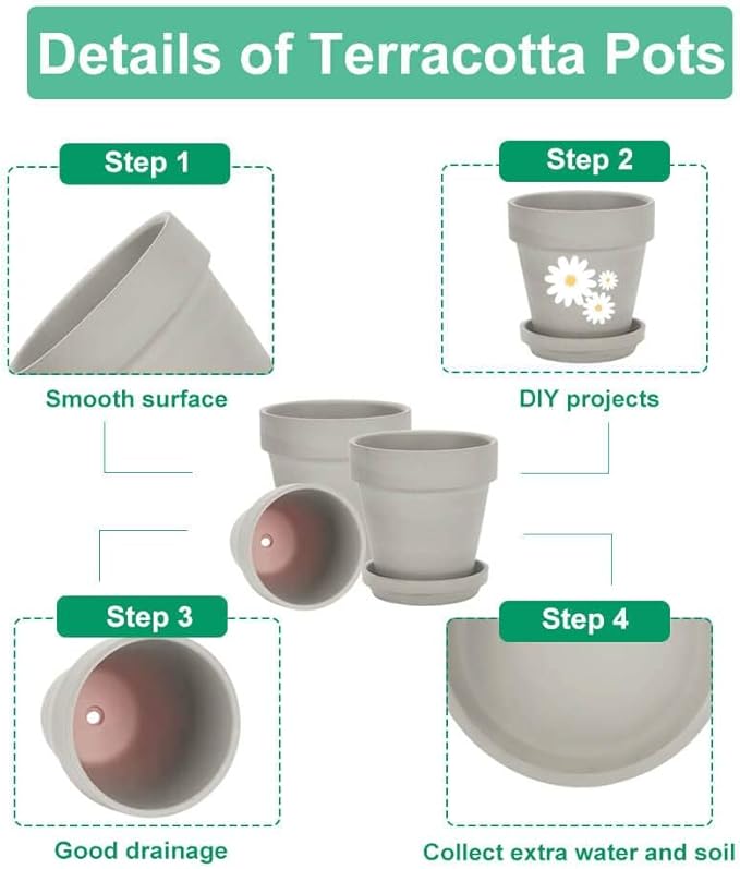 vensovo 4 Inch Small Grey Terracotta Plant Pots with Saucer - 6 Pack Clay Flowerpots with Drainage, Great for Indoor Outdoor Plants, Crafts, Wedding Favor