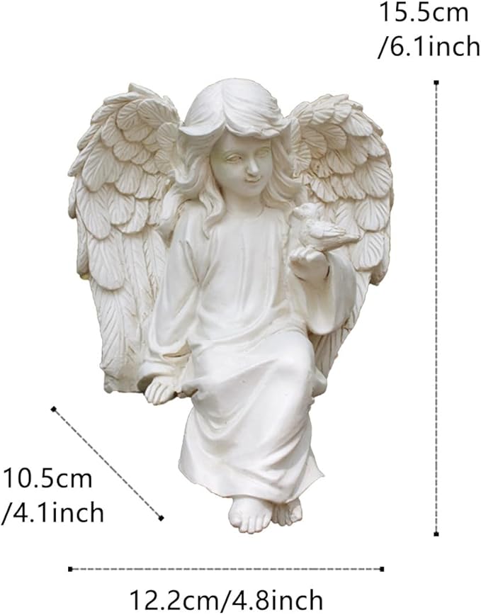 Angel Garden Statue, Sitting Angel Sculpture, Resin Angel with Bird Figurine for Patio Yard Porch Lawn Outdoor Decor Home Shelf Sitter Memorial Spiritual Gifts