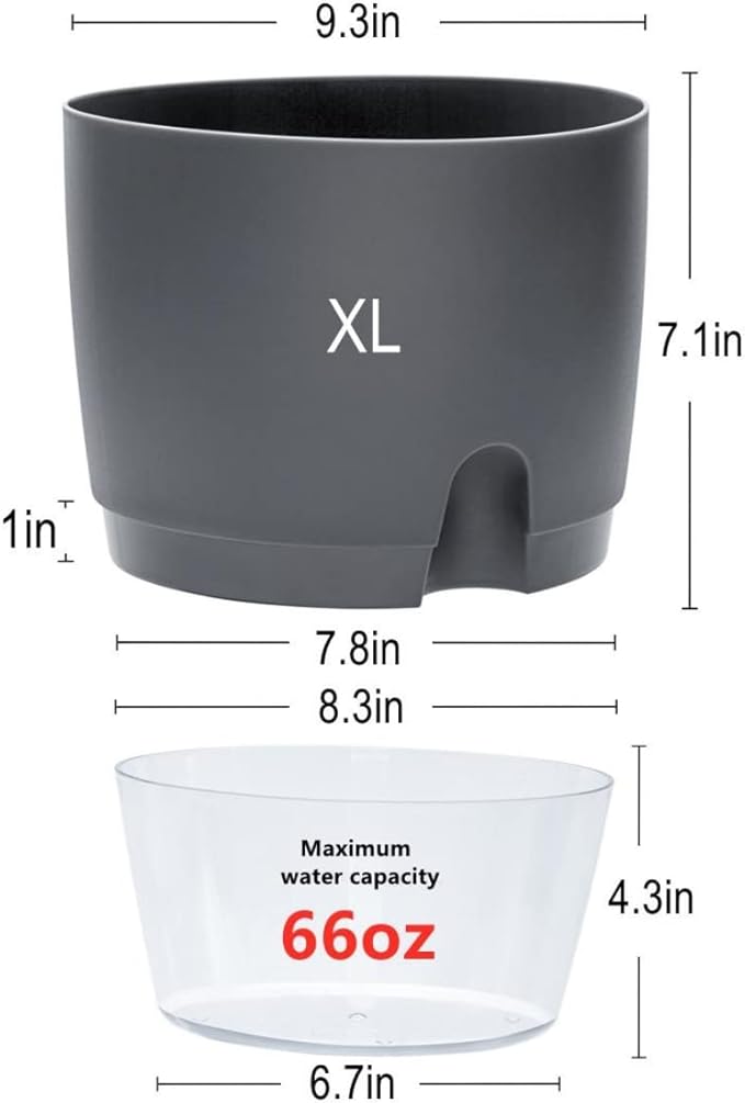 Self Watering Planter for Indoor Plants, 2 Pack 9.3 Inch Flower Pot Modern Decorative Plastic Planter with Extra Large Water Storage for All House Plants, Flowers, Herbs(Gray)