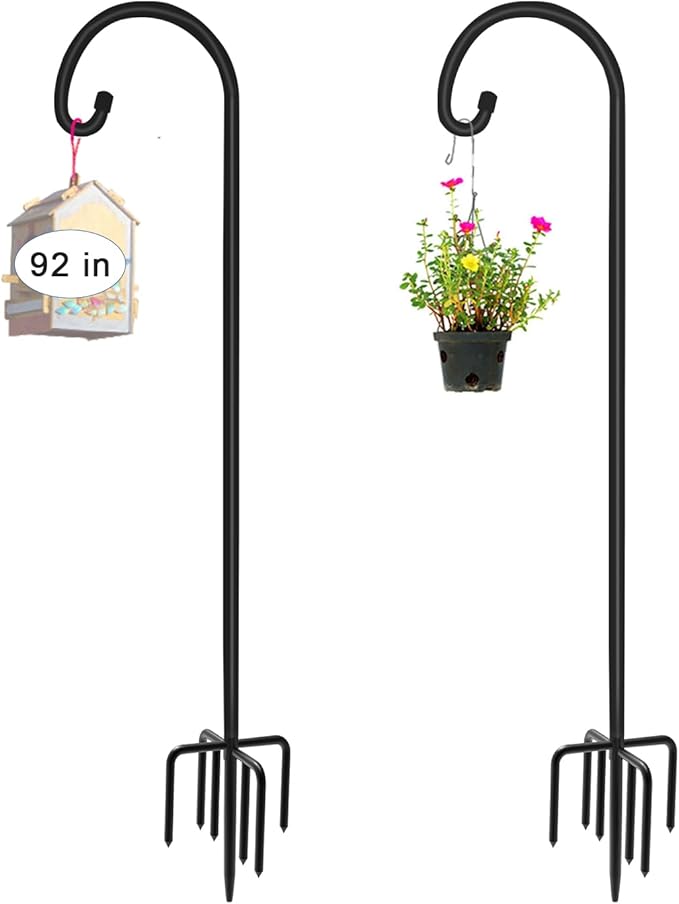 92 inch Outdoor Shepherd Hook with 5 Prong Base (2 Packs), Adjustable Heavy Duty Garden Hanging Stake for Bird Feeder Solar Light Plant Hanger Wedding Decor, Matte Black