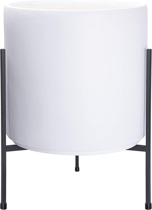 D'vine Dev Modern White Plants Pot Cylinder Planter with Heavy Duty Stand, X-Large 14 Inch Pot, 21 Inch with Stand Height, 96-T-A-4