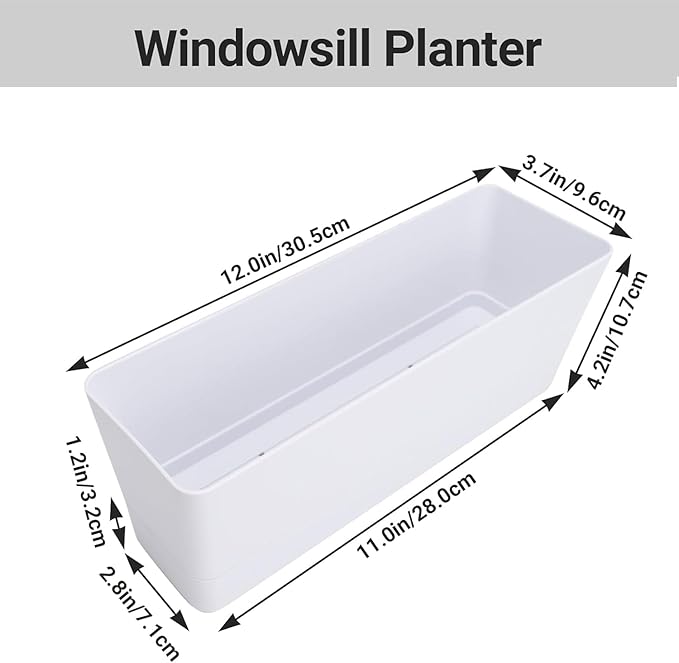 GREANER 12x3.8 Inch Herb Planters, 6 Pack White Rectangle Window Boxes with Tray, Indoor Succulent Cactus Mint Plastic Pot with Saucer for Windowsill, Balcony, Office, Outdoor Garden