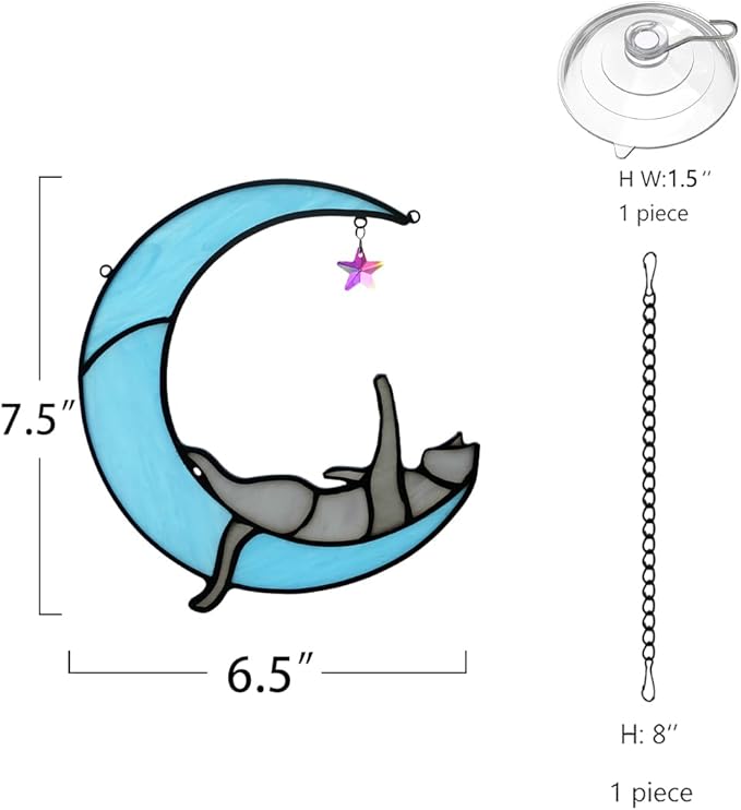 BOXCASA Colorful Crystals Star Cat Suncatchers for Window,Gray Cat Stained Glass Window Hanging,Funny Cat Moon Decor,Cat Gifts for Cat Lovers,Women Mom Grandma Aunt Friend