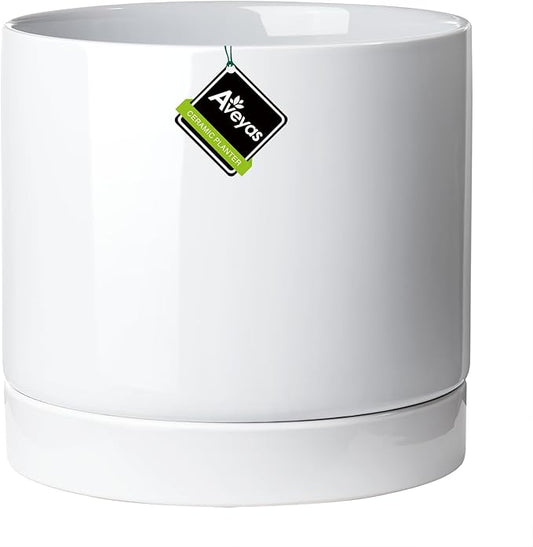 Aveyas 10 inch Ceramic Plant Pot with Drainage Hole and Saucer - Suitable for Indoor and Outdoor Use, Modern Planters for House Garden Flower Tree Snake Monstera Plants (10", Glossy White)