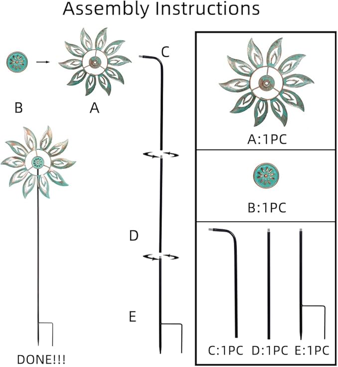 VEWOGARDEN Metal Flower Wind Spinners Outdoor, Garden Kinetic Wind Sculptures & Spinners for Yard Lawn Patio Decorations, Light Green