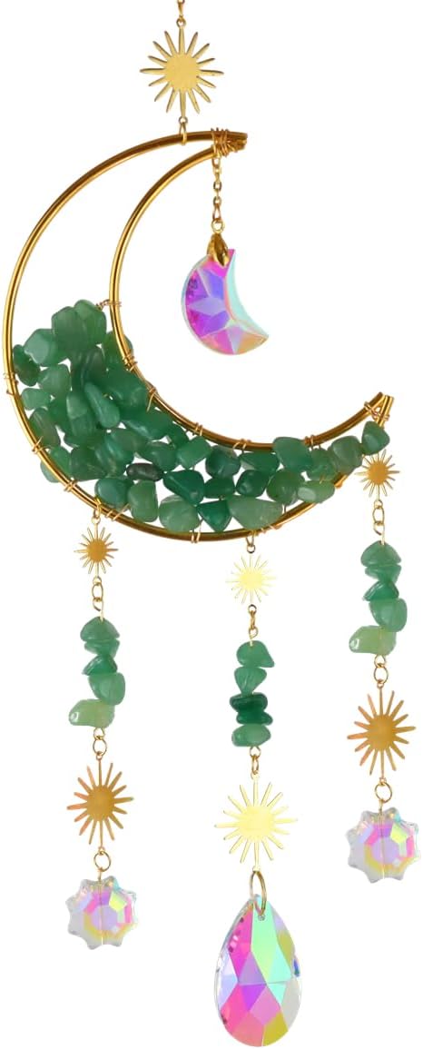 Crystal Suncatcher Hanging Moon Sun Light Catcher with Glass Prisms for Window Natural Green Quartz Decor Home Indoor Making Rainbows