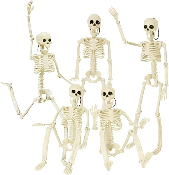 DINESIL 5 Packs Posable Halloween Skeleton, Full Body Halloween Skeleton with Movable Joints, 16" Hanging Spooky Skeletons for Halloween Haunted House Party Home Props Decorations