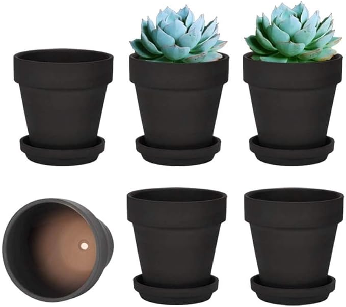 vensovo 4 Inch Small Black Terracotta Plant Pots with Saucer - 6 Pack Clay Flowerpots with Drainage, Great for Indoor Outdoor Plants, Crafts, Wedding Favor