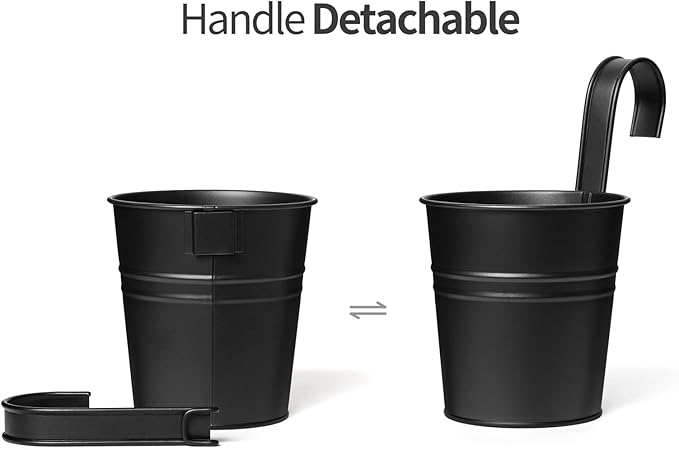 Dahey 10 Pcs Hanging Flower Pots Metal Iron Bucket Outdoor Planter for Railing Fence Balcony Garden Home Decoration Flower Holders with Detachable Hooks, Black, 5 Inches