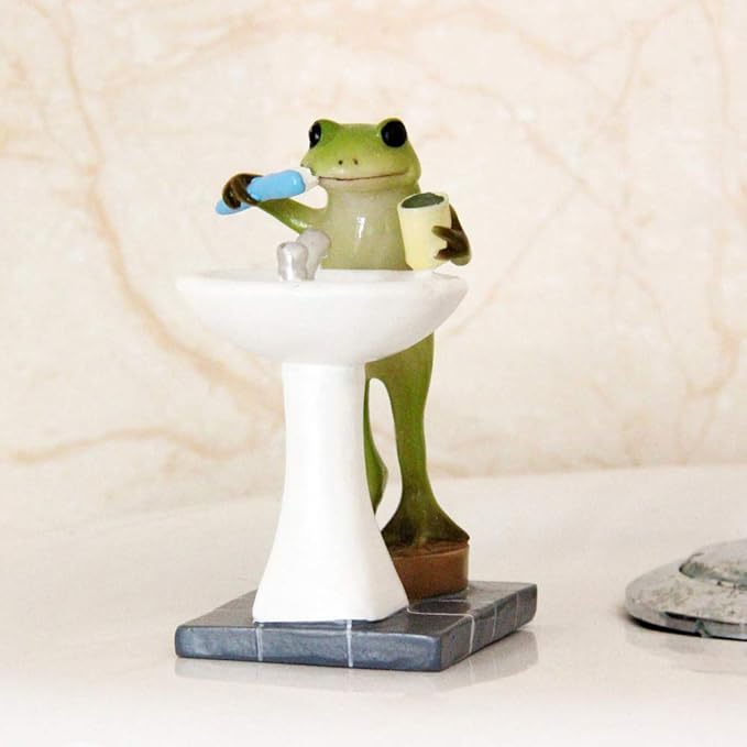 Tfro & Cile Frog Garden Statue Decor Miniature Animal Figurine Outdoor Fairy Brushing Teeth Sculpture for Bathroom - 3.3 Inch Height