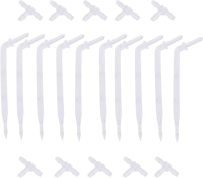 10 Sets White Drip Emitters with 3-Way Connector Curved Arrow Dripper Potted Plants Bend Sprinklers Garden Automatic Irrigation System for 4/7mm Hose Patio Watering Cooling Irrigation Kit
