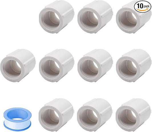 10PCS 3/4 Inch Double Female Threaded White PVC Adapter Fittings Female to Female Thread Coupling Pipe Fitting Connector for Garden Works HE025-3/4