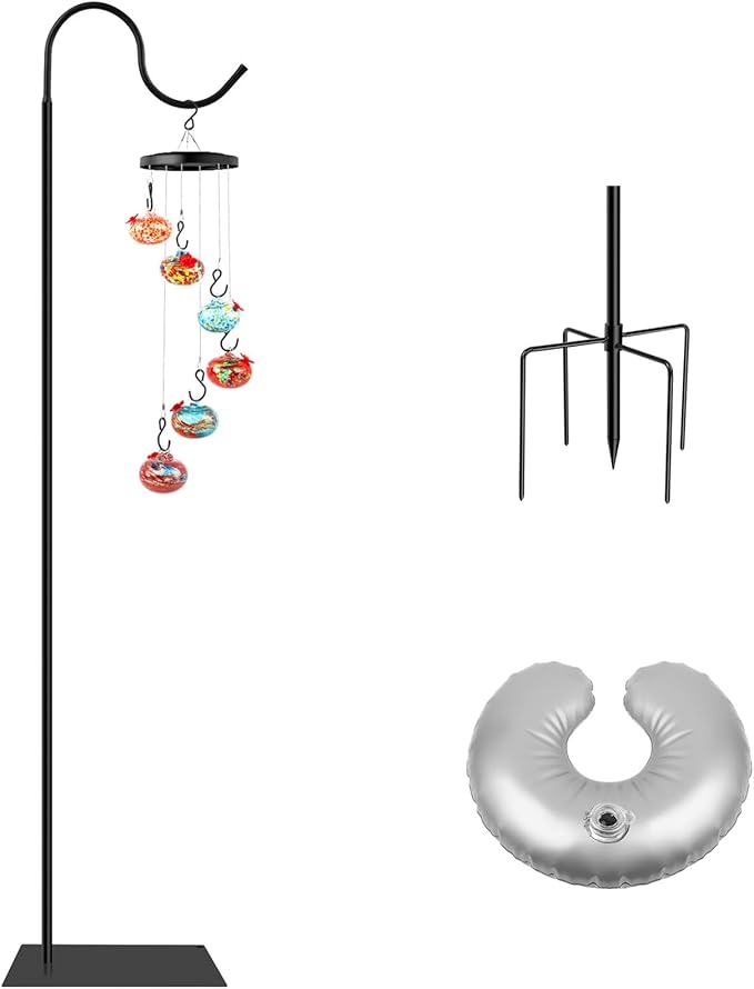 2 in 1 Hummingbird Feeder Stand, Adjustable 20-63 Inch Shepherds Hook for Outdoor Indoor, Wind Chime Stand Bird Feeder Pole with Base, 4 Prongs Base, Water Weight Bag(Wind Chime Not Include)