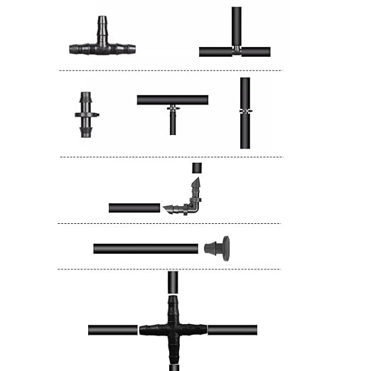 GXXMEI 340PCS Irrigation Fittings Kit, Drip Irrigation Barbed Connectors for 1/4-Inch Tubing Flower Garden Lawn Irrigation (170 Straight Barbs + 80 Tees + 30 Elbows + 40 End Plug+ 20 4-Way Coupling)