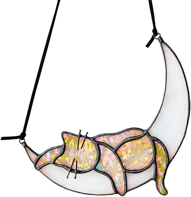 HDCRYSTALGIFTS Orange Cat On Moon Stained Glass Window Hangings,Tabby Cat Decoration suncatcher Hanging Ornament Gift for Mom,Cat Memorial Gifts for Cat Lovers, Pet Loss Sympathy Gift