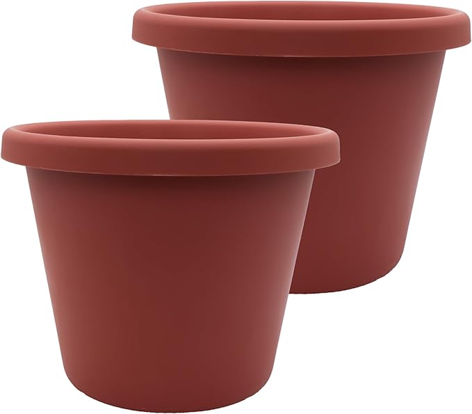 The HC Companies 11.5 inch Round Classic Planter - Plastic Plant Pot for Indoor Outdoor Plants Flowers Herbs, Clay (2 Pack)