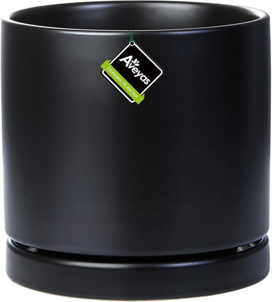 Aveyas 6 inch Ceramic Plant Pot with Drainage Hole and Saucer - Suitable for Indoor and Outdoor Use, Modern Planters for House Garden Orchid Flower Snake Monstera Plants (6", Matte Black)