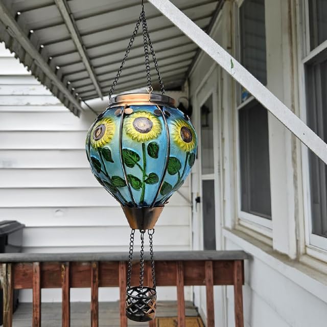 2PCS Solar Hot Air Balloon Lanterns with Flame with Shepherd's Hooks, Glass Hanging Flickering Lights Outdoor Waterproof for Garden Tree Yard Patio Mother's Day Gift, 18" H Sunflower