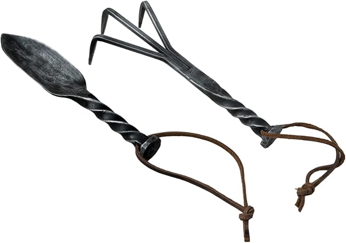 Hand Forged Twisted Metal Garden Tools Set of 2 Pcs Wrought Iron Handmade Garden Transplant Trowel and Rack Tools for Garden Cultivator Black Antique Finish Heavy Duty Garden Tools by Living IDEA