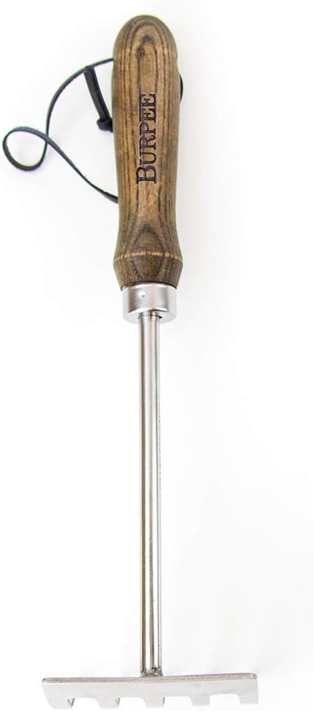 Burpee 11" Stainless Steel Cultivator | Durable Long Lasting Garden Tool | Leather Wrist Strap |, Tine Rake, Walnut