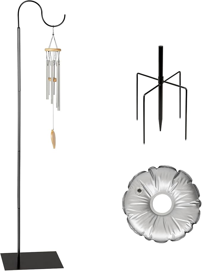 Liitrton 62.6 Inch Shepherds Hooks for Outdoor, Adjustbale Hummingbird Feeder Stand Bird Feeder Pole Wind Chime Stand with Flat Base, 4 Prongs Base and Water Weight Bag