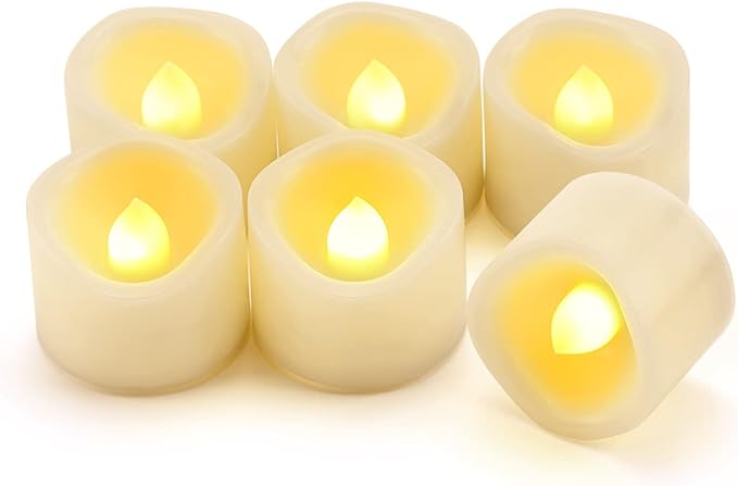 6 Flameless LED Battery Operated Tea Lights with Timer Realistic Flickering Electric Tealight Votive Candles Set Bulk Baptism Wedding Party Decorations Home Decor Centerpieces Batteries Incl.