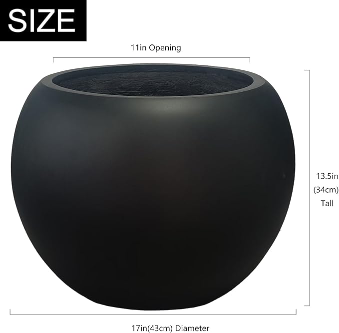 13.5 H x 17" Dia (12" Pot Opening) Round Fiberstone Planter with Drainage Hole, Black, Indoor/Outdoor Large Plant Pot for Home Patio Garden, Ideal for Large Plants