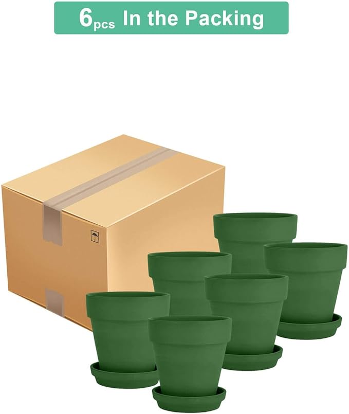vensovo 4 Inch Small Green Terracotta Plant Pots with Saucer - 6 Pack Clay Flowerpots with Drainage, Great for Indoor Outdoor Plants, Crafts, Wedding Favor
