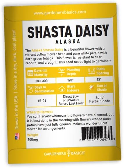 Gardeners Basics, Daisy Seeds for Planting Outdoors Flower Seeds (3 Variety Pack) Alaska Shasta Daisy, Painted Daisy, Yellow Daisy Varieties for Butterflies, Bees, Pollinators Wildflower Seed