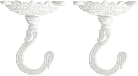 Sungmor Heavy Duty Ceiling Hooks for Hanging Plants, 2PC White 3.5x3.9Inch Large Cast Iron Ceiling Hooks, Antique Decorative Ceiling Swag Hooks for Hanging Planter Chandelier Wind Chime Lantern Hanger