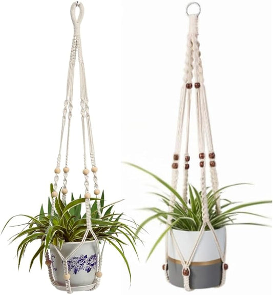 2 Pack Plant Hanger Indoor, Hanging Plant Holder, Macrame Plant Hangers, Handmade Boho Plant Hanger with Wood Beads, No Tassels Indoor Outdoor Flower Pots Holder, Home Décor Ivory (POTS NOT Included)