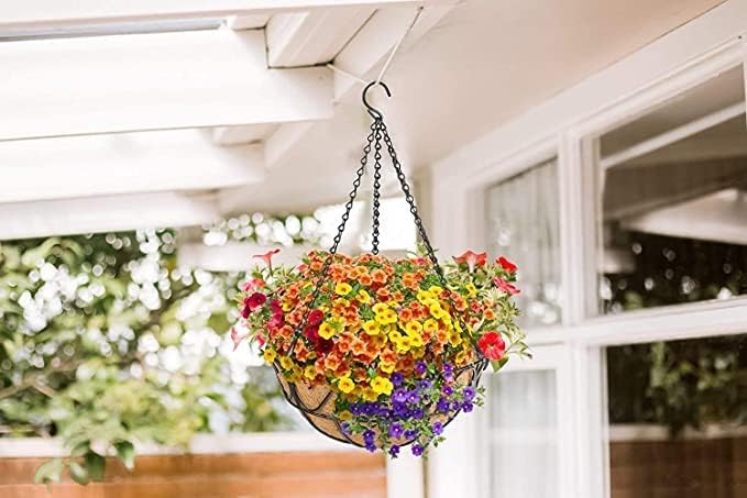 2 Pack Metal Hanging Planter Basket with Coco Coir Liner Chain Round for Garden Decoration Porch Indoor Outdoor (S Shape)