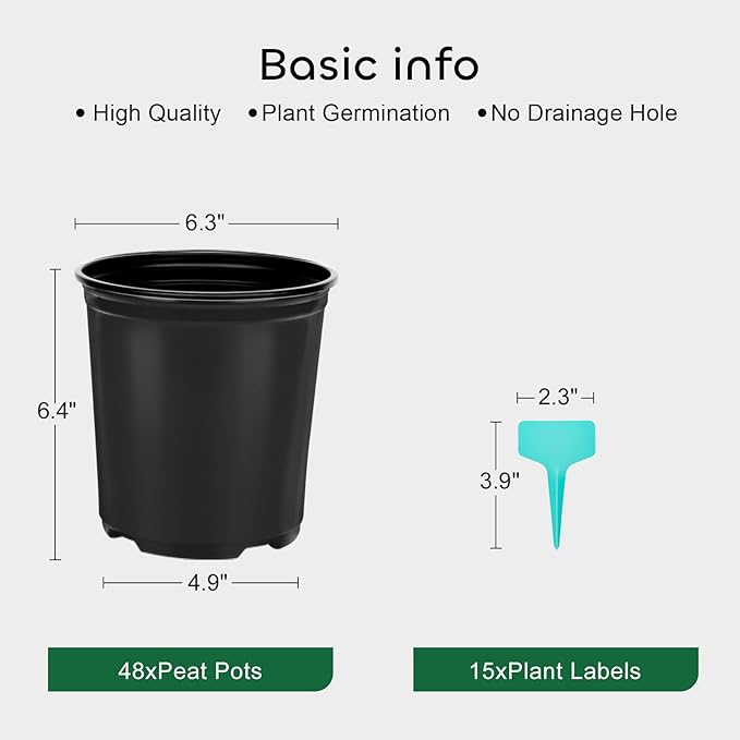 GROWNEER 48 Set 6" 1 Gallon for Plants Flexible Nursery Pot with Drainage Hole and 15 Pcs Plant Labels, Flower Plant Container for Indoor Outdoor, Seedlings, Vegetables, Succulents, Black