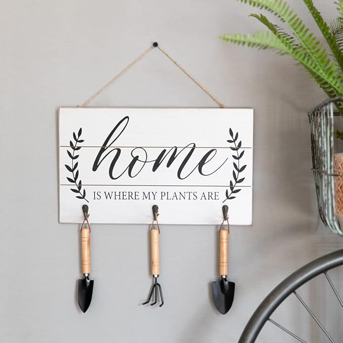 COLLECTIVE HOME - Garden Decor with Tools, Inspirational Wood Hanging Signs, Garden Tools Set - 3 Piece, Out Door Decor with Hooks, Home is Where My Plants are, 15.75"x9.5" (White)