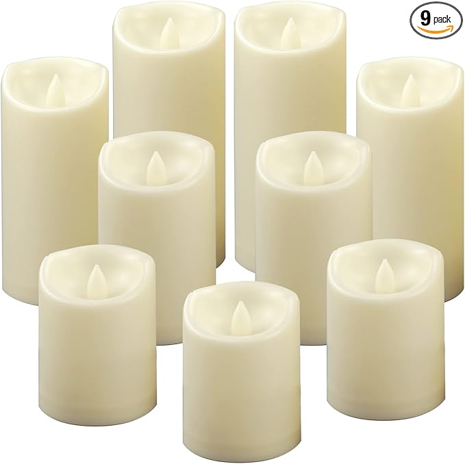 CANDLE CHOICE Waterproof Outdoor Battery Operated Flameless Pillar Candles with Timer White Plastic Realistic Flickering Electric LED Lights for Lantern Garden Wedding Christmas Decorations 9 Pack