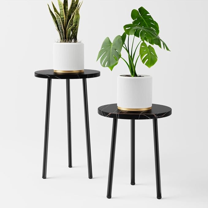 Plant Stand Indoor Tall: Corner Wood Plant Stand 2 Pack Mid Century Modern Decor - Small Round Plant Table for Indoor Plants - Outdoor Plant Holder for Patio Living Room Bathroom Office (Black Marble)
