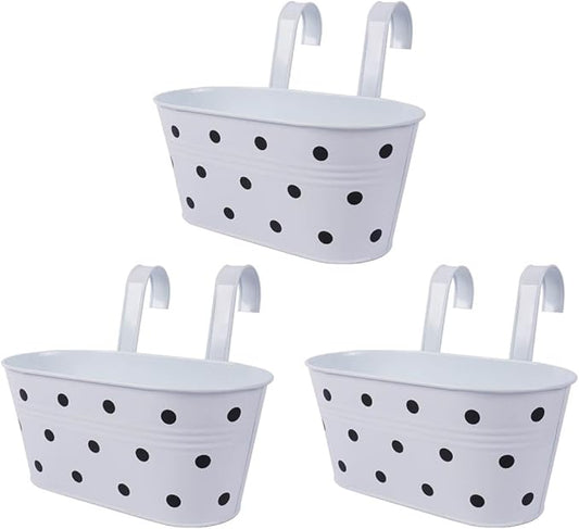 vensovo Metal Railing Planter for Outdoor Plants - 3 Pack Balcony Hanging Flower Pots with Detachable Hooks and Drain Holes Oval Bucket Rail Box Fence Planters for Home Garden Decor, White with Spot