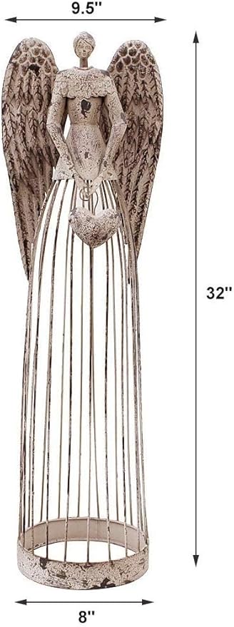 Morning View Vintage Metal Angel Garden Statue with Heart Handbag for Indoor Outdoor Yard Lawn Patio Art Decor with LED Lights String(Style B)