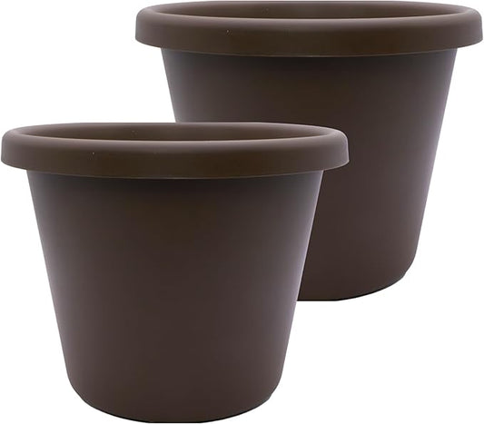 The HC Companies 14 inch Round Classic Planter - Plastic Plant Pot for Indoor Outdoor Plants Flowers Herbs, Chocolate (2 Pack)