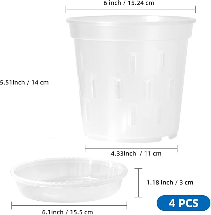 TRUEDAYS 4 Pack Orchid Pot with Saucers, 6 Inch Clear Orchid Pots with Holes, Plastic Planter with Trays, Breathable Slotted Orchids Planters for Indoor Outdoor Plants
