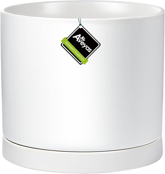 Aveyas 8 inch Ceramic Plant Pot with Drainage Hole and Saucer - Suitable for Indoor and Outdoor Use, Modern Planters for House Garden Flower Tree Snake Monstera Plants (8", Matte White)