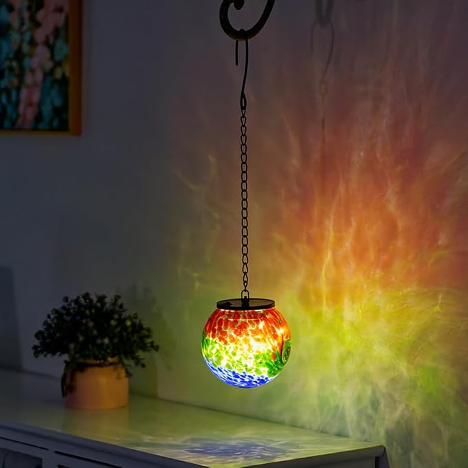 Hanging Solar Lanterns Outdoor Waterproof, Hanging Glass Solar Lantern with Hook, Gazing Ball Lantern Decor for Tree Yard Patio