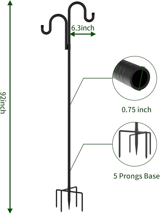 Double Shepherds Hooks for Outdoor, Bird Feeder Pole with 5 Prongs Base, Heavy Duty Garden Hook for Lantern, Wind Chime and Hummingbird Feeder, 92 Inch, 2 Pack
