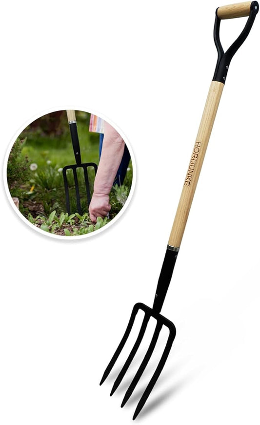 Garden Fork,4-Tine Pitchfork,Spading Digging Fork,Forged Steel Y-Grip, Wood Handel,45Inch